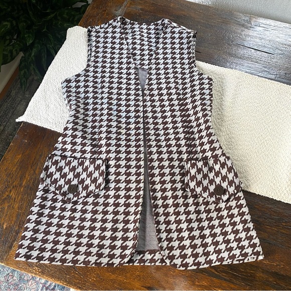 Vintage Mod 60s Houndstooth Open Front Polyester Vest Brown White Womens - Picture 3 of 15